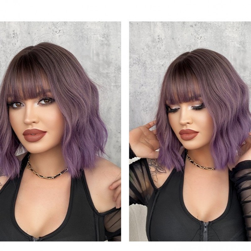 Purple Ripple Short Curls Air Bangs Wig