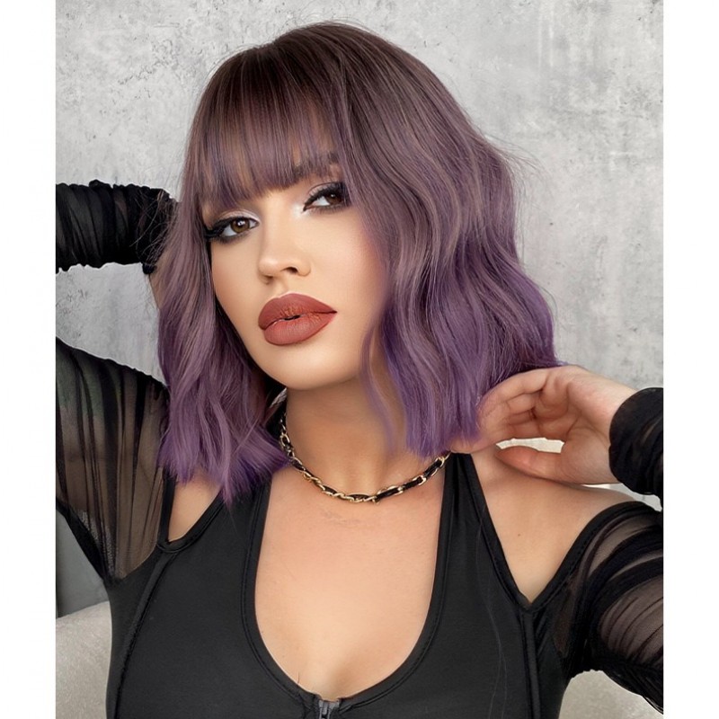 Purple Ripple Short Curls Air Bangs Wig