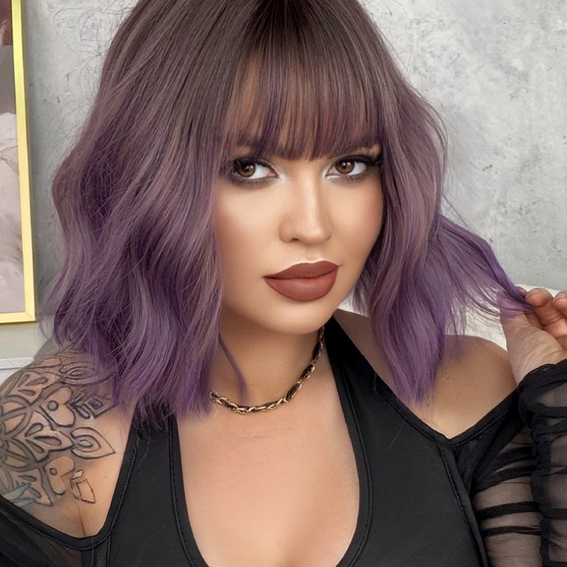 Purple Ripple Short Curls Air Bangs Wig