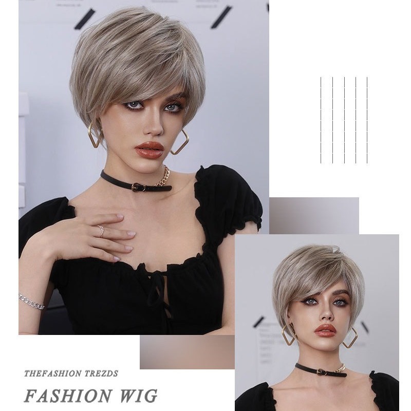 Short Straight Hair with Angled Bangs Champagne Blonde Pixie Cut Wig