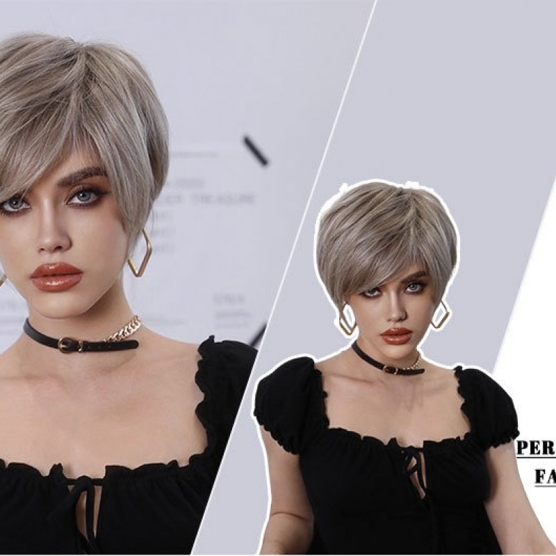 Short Straight Hair with Angled Bangs Champagne Blonde Pixie Cut Wig