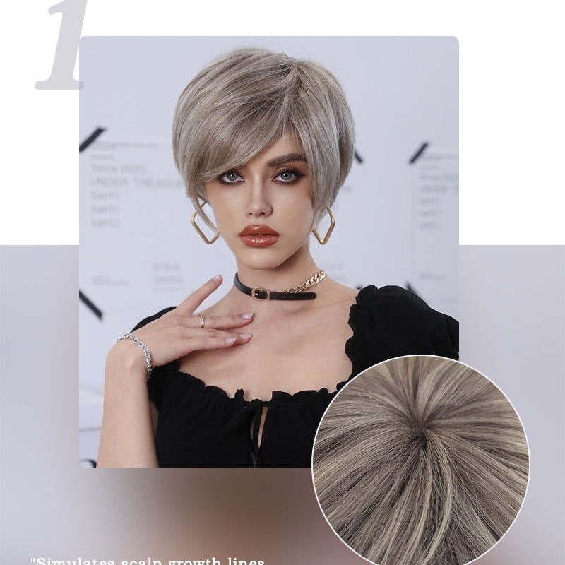 Short Straight Hair with Angled Bangs Champagne Blonde Pixie Cut Wig