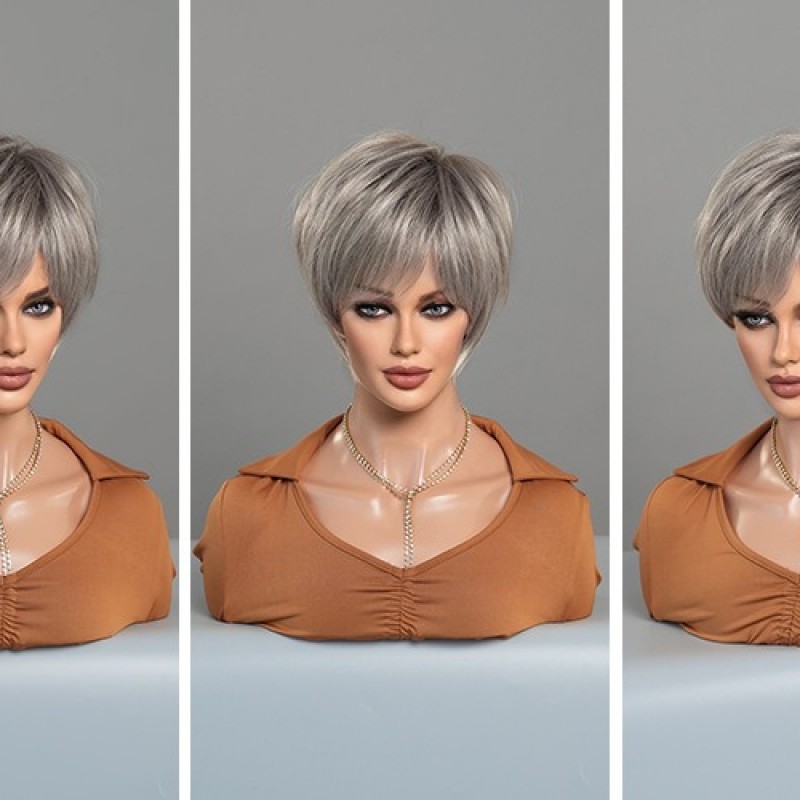 Short Straight Hair with Angled Bangs Champagne Blonde Pixie Cut Wig