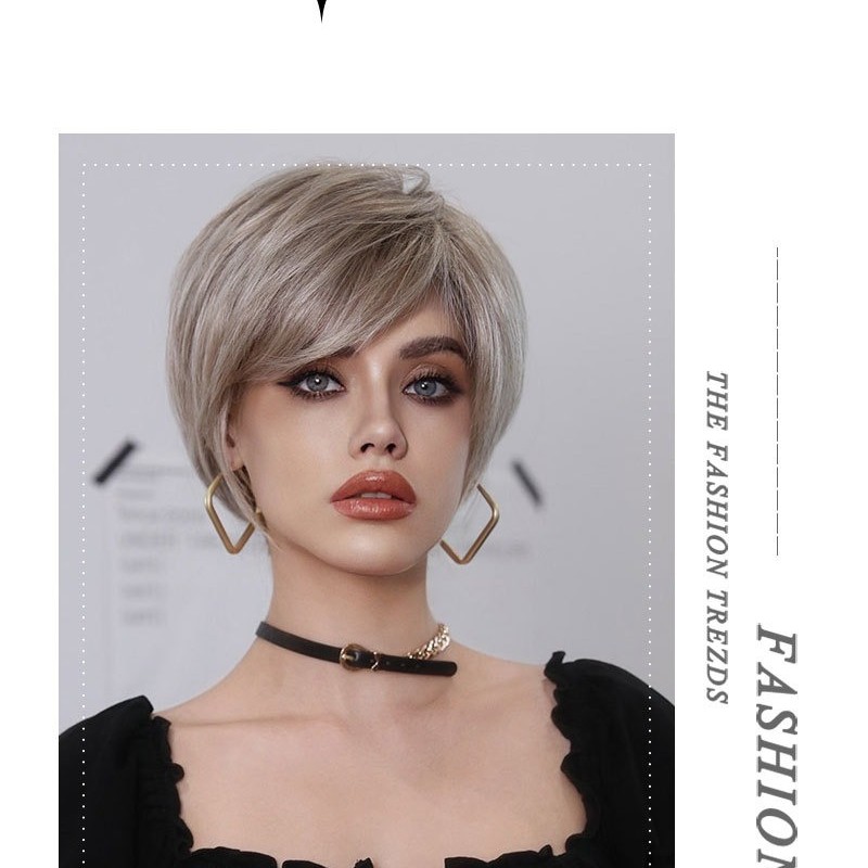 Short Straight Hair with Angled Bangs Champagne Blonde Pixie Cut Wig