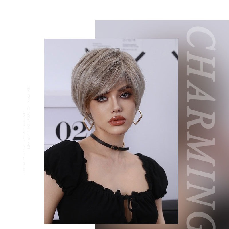 Short Straight Hair with Angled Bangs Champagne Blonde Pixie Cut Wig