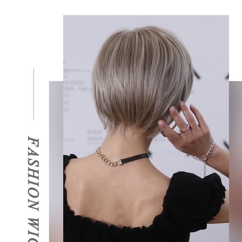 Short Straight Hair with Angled Bangs Champagne Blonde Pixie Cut Wig