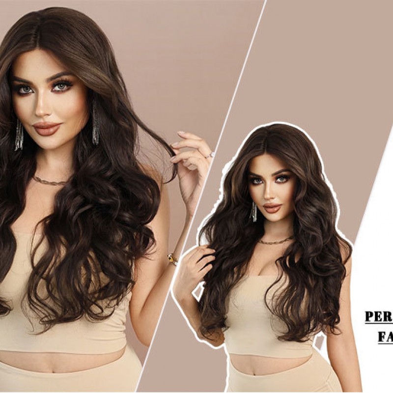 Small T-Lace Dark Tea Long Big Waves Synthetic Wig