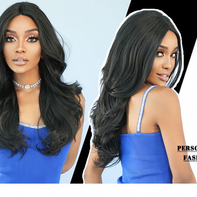 Small T-Lace Natural Black Middle Part Long Curls Synthetic Wig