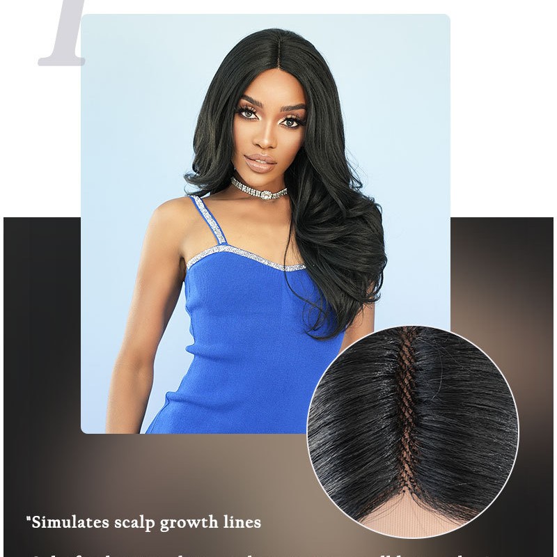 Small T-Lace Natural Black Middle Part Long Curls Synthetic Wig