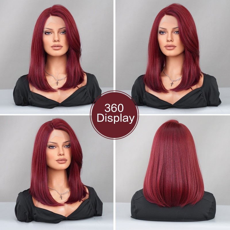 T-Part Lace Front Wig with Purple-Red Shoulder-Length Straight Hair and Side Part