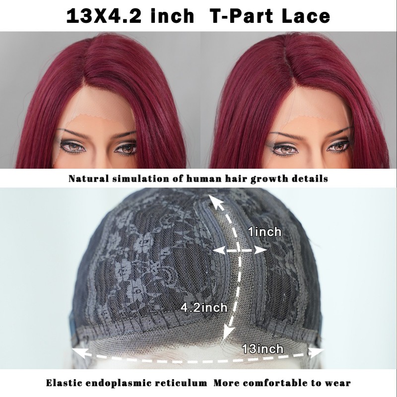 T-Part Lace Front Wig with Purple-Red Shoulder-Length Straight Hair and Side Part