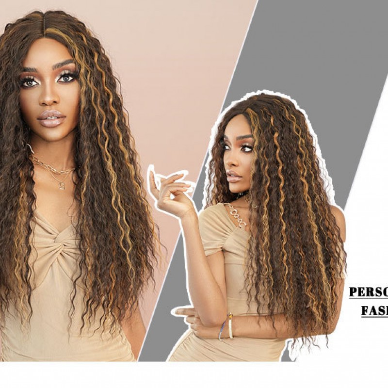 T-Part Lace Elegant Mid-Part Long Curly Wig with Brown-Gold Highlights