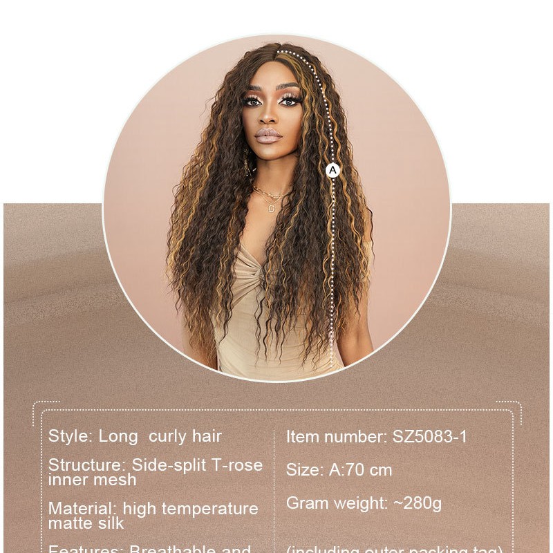 T-Part Lace Elegant Mid-Part Long Curly Wig with Brown-Gold Highlights