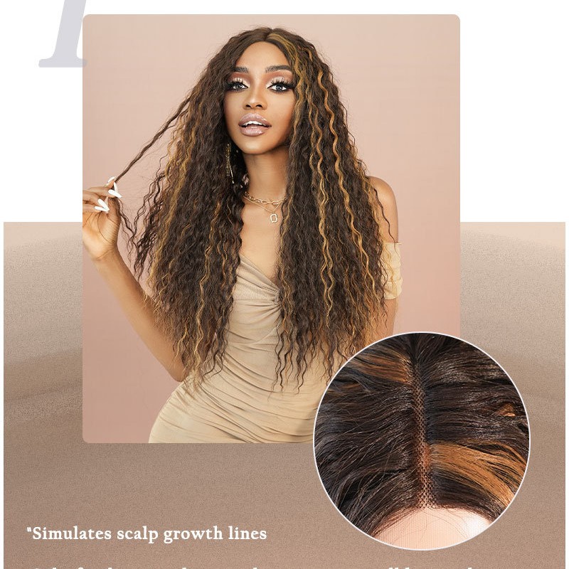 T-Part Lace Elegant Mid-Part Long Curly Wig with Brown-Gold Highlights