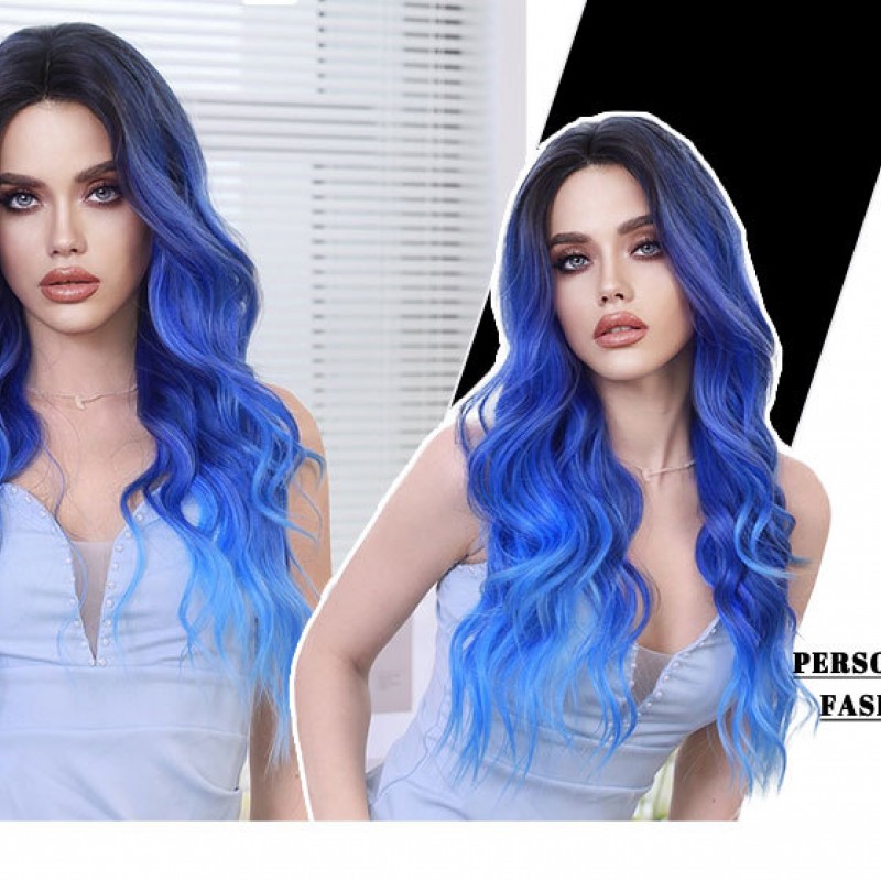 T-Part Lace Iris Blue Ombre Lace Wavy Curls Long Wig