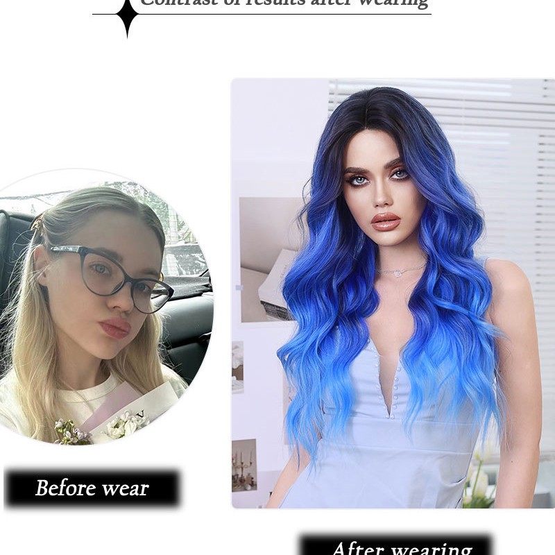 T-Part Lace Iris Blue Ombre Lace Wavy Curls Long Wig