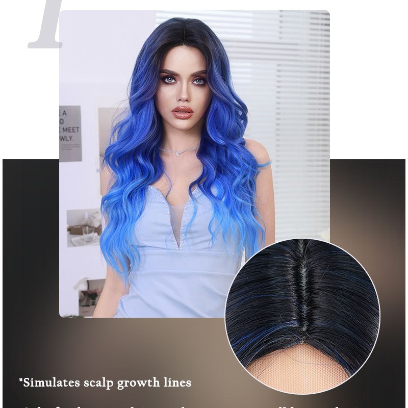 T-Part Lace Iris Blue Ombre Lace Wavy Curls Long Wig