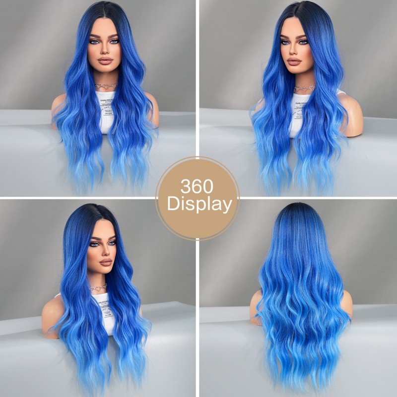 T-Part Lace Iris Blue Ombre Lace Wavy Curls Long Wig