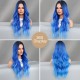 T-Part Lace Iris Blue Ombre Lace Wavy Curls Long Wig