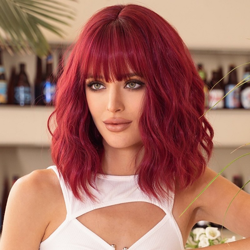 Wine Red Short Wavy Bob Wig with Straight Bangs