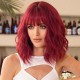 Wine Red Short Wavy Bob Wig with Straight Bangs