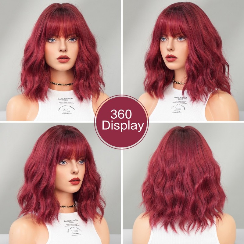 Wine Red Short Wavy Bob Wig with Straight Bangs