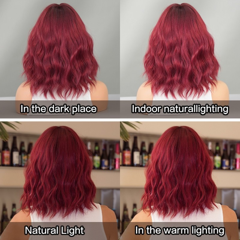 Wine Red Short Wavy Bob Wig with Straight Bangs