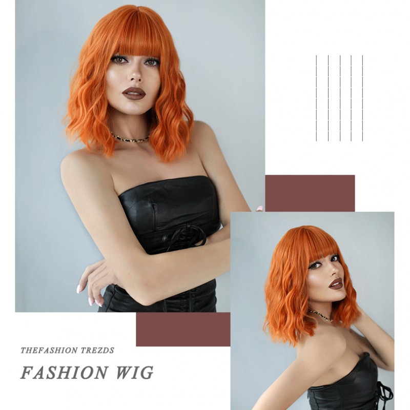 Vibrant Orange Short Curly Wig with Feathery Bangs