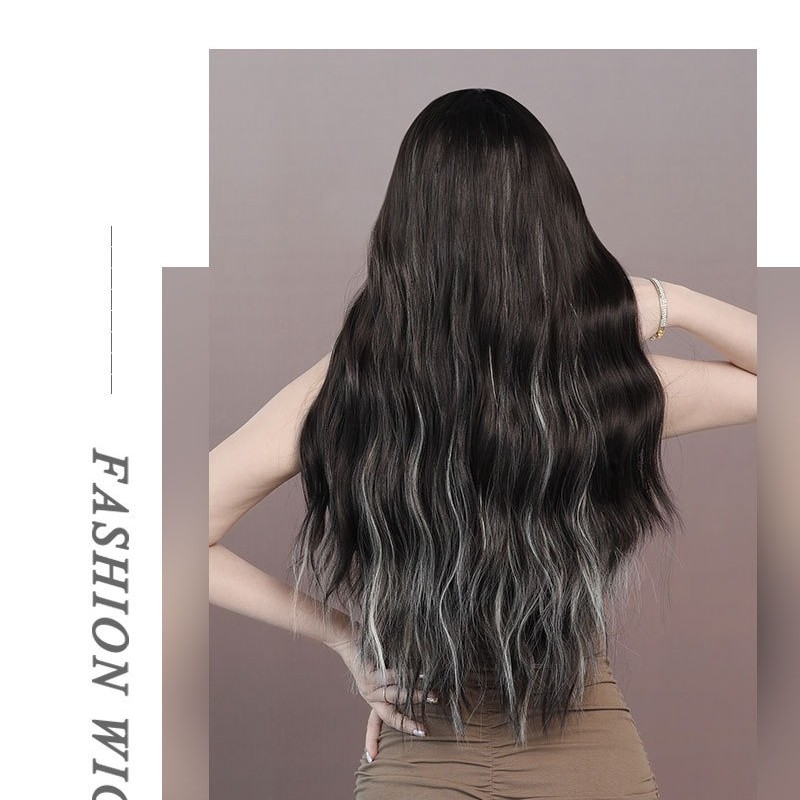 Silver Grey to Brown Ombré Long Big Waves Wig