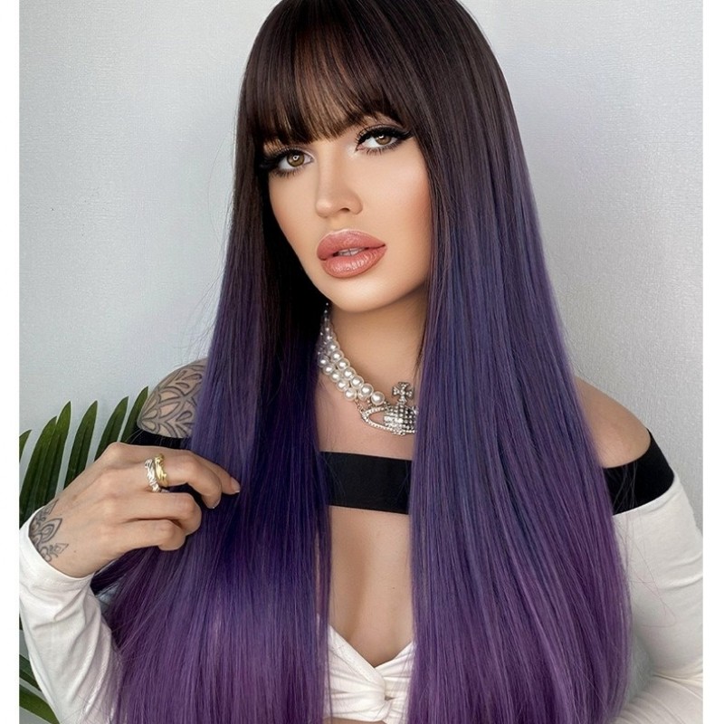 Barbie Blue Ombre Long Straight Hair Wig with Air Bangs