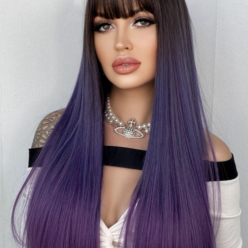 Barbie Blue Ombre Long Straight Hair Wig with Air Bangs