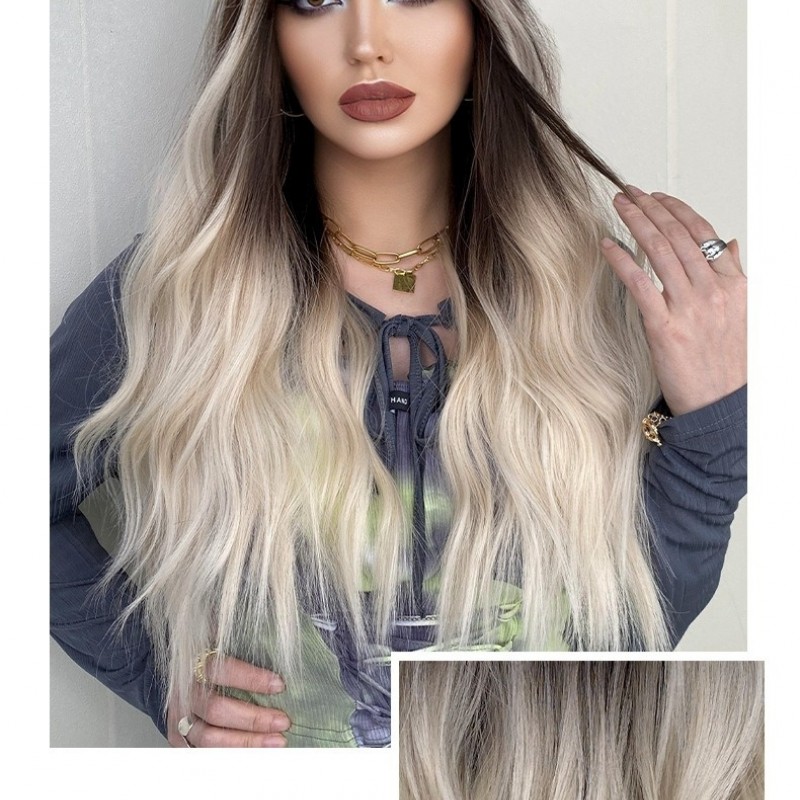 Long Curly Wig with Platinum Blonde Fluffy Air Bangs Synthetic Wig