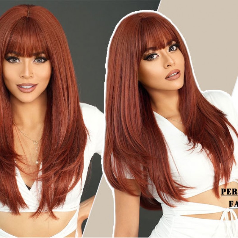 Bright Orange Long Straight Wig with Bangs and Root Dye Effect