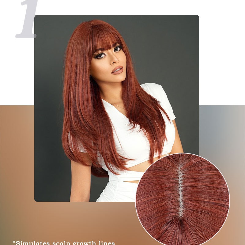 Bright Orange Long Straight Wig with Bangs and Root Dye Effect