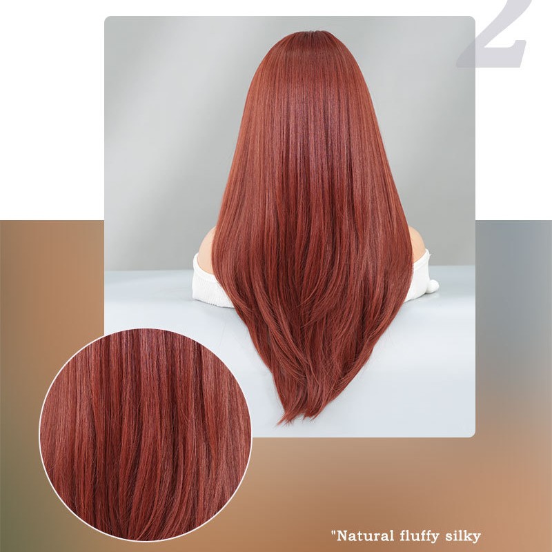 Bright Orange Long Straight Wig with Bangs and Root Dye Effect