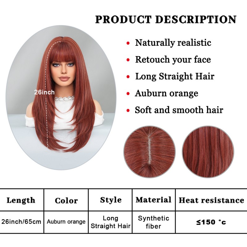 Bright Orange Long Straight Wig with Bangs and Root Dye Effect