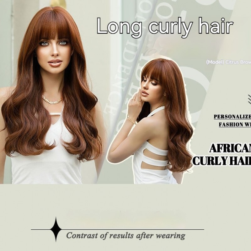 Citrus Brown Long Wavy Wig with Natural Air Bangs