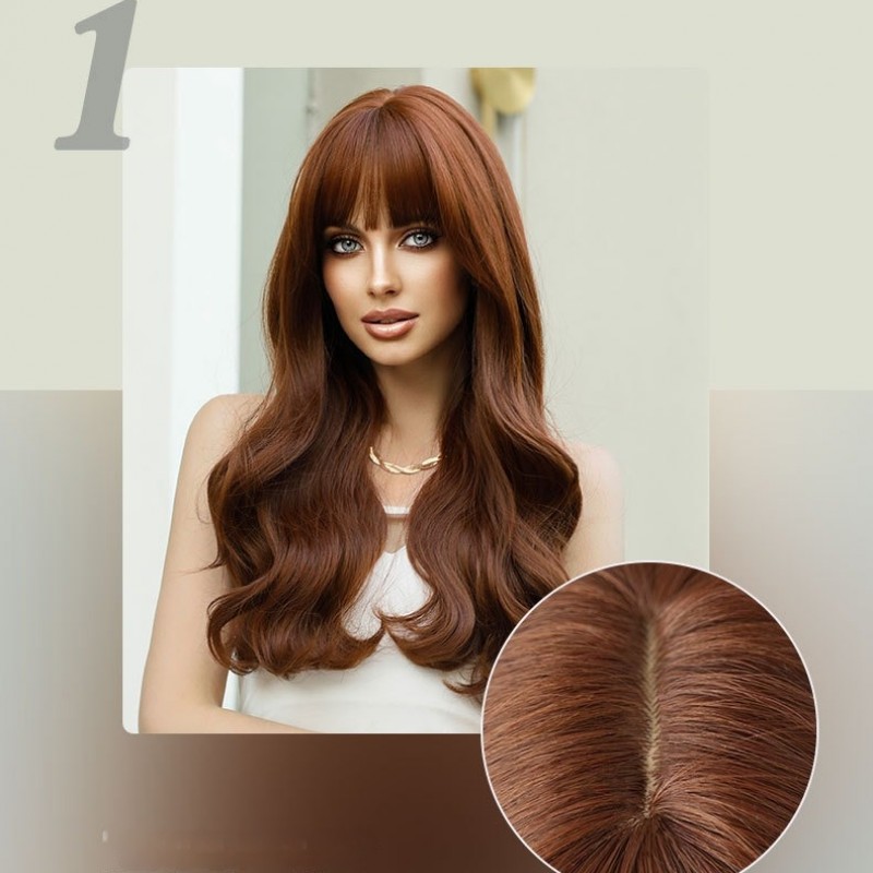 Citrus Brown Long Wavy Wig with Natural Air Bangs