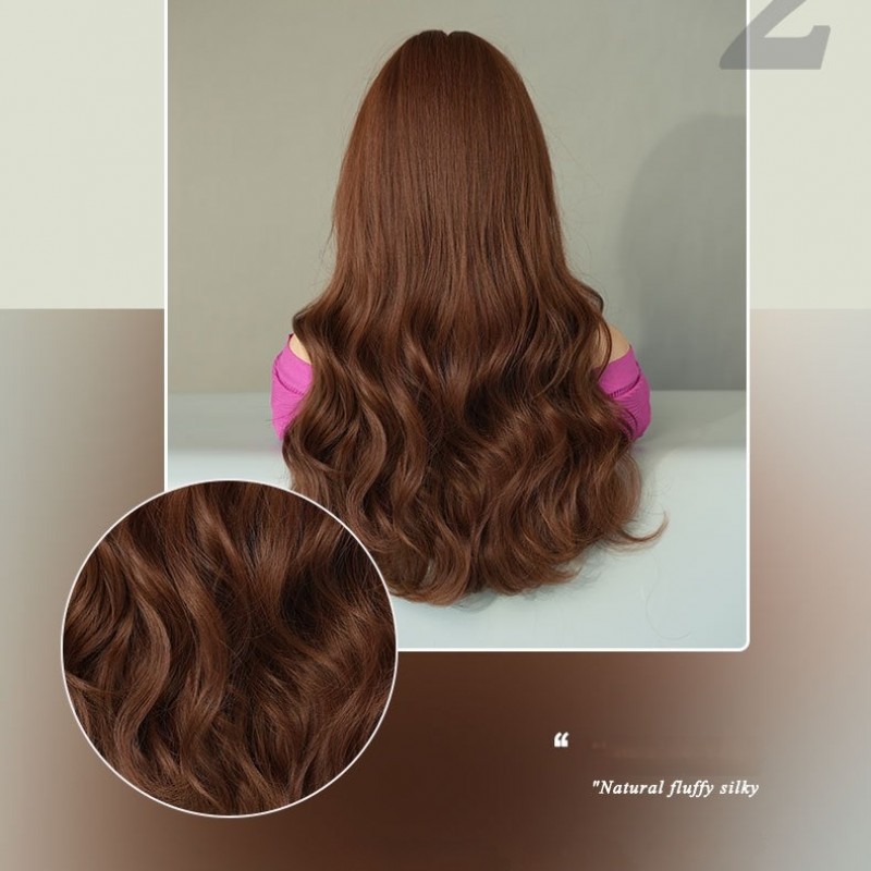 Citrus Brown Long Wavy Wig with Natural Air Bangs