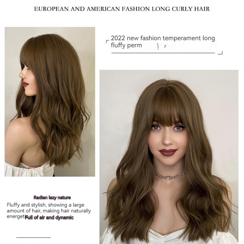 Icy Brown Straight Bangs Long Wavy Wig with Big Waves