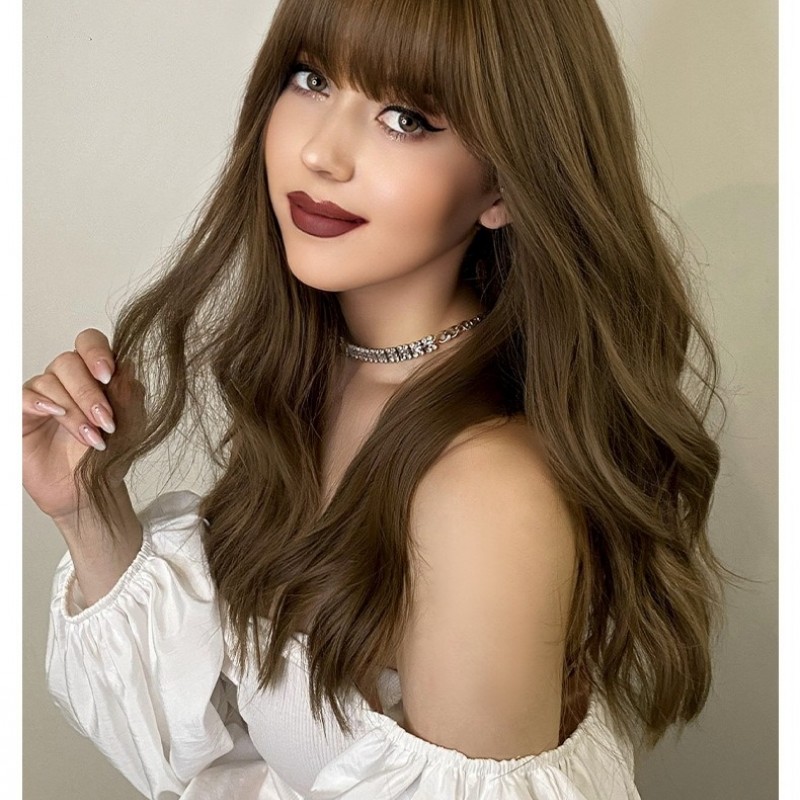 Icy Brown Straight Bangs Long Wavy Wig with Big Waves