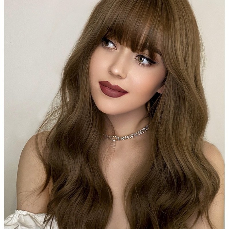 Icy Brown Straight Bangs Long Wavy Wig with Big Waves