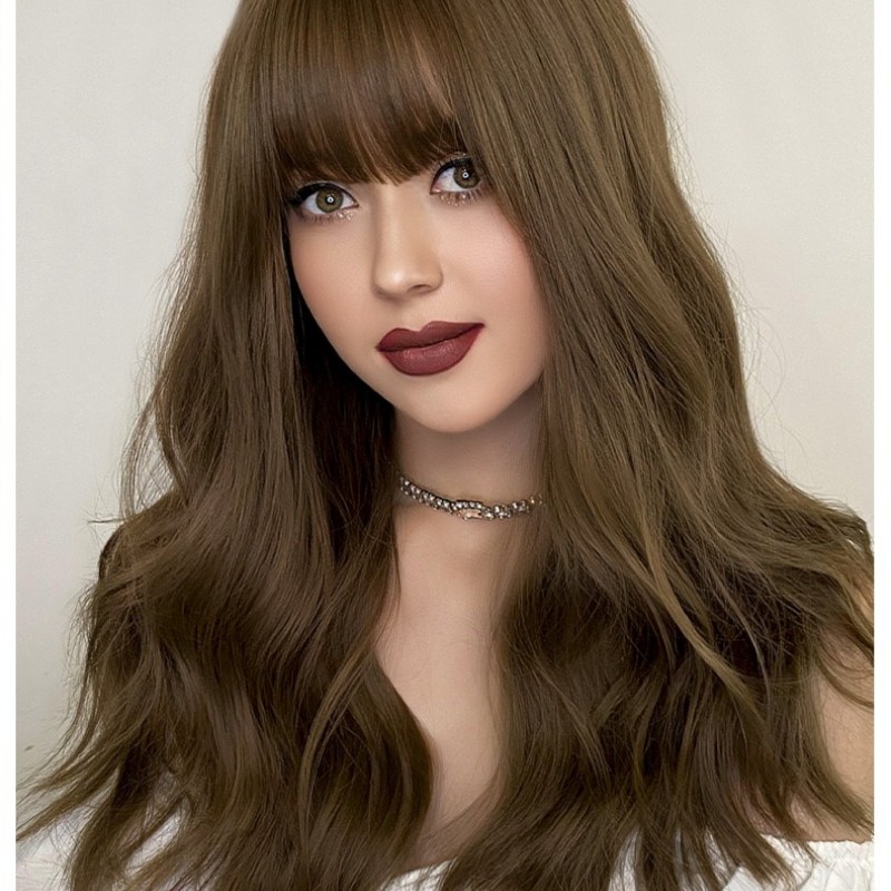 Icy Brown Straight Bangs Long Wavy Wig with Big Waves