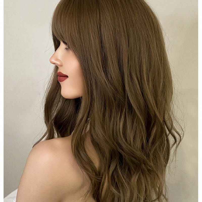 Icy Brown Straight Bangs Long Wavy Wig with Big Waves