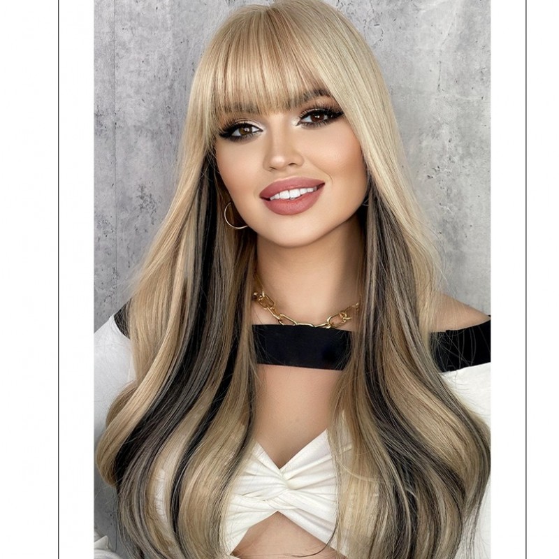 Long Wavy Wig with Straight Bangs and Trendy Highlights