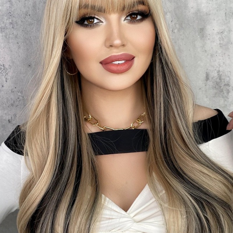 Long Wavy Wig with Straight Bangs and Trendy Highlights