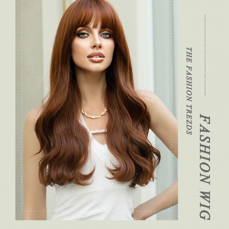 Citrus Brown Long Wavy Wig with Natural Air Bangs