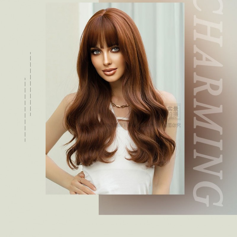 Citrus Brown Long Wavy Wig with Natural Air Bangs