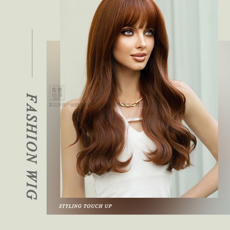 Citrus Brown Long Wavy Wig with Natural Air Bangs