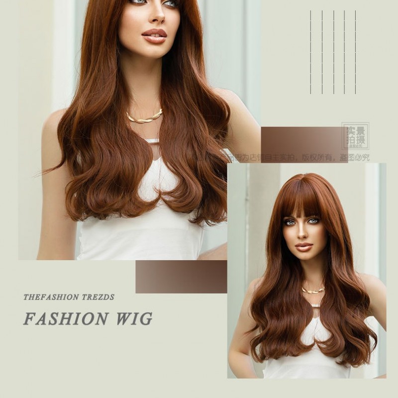 Citrus Brown Long Wavy Wig with Natural Air Bangs